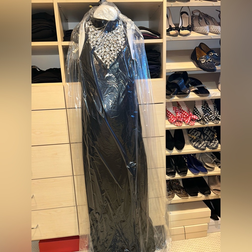 Elegant Black Gown with Embellished Neckline